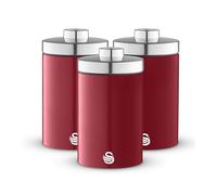 Swan SWKA18530RN Townhouse Set of 3 Kitchen Storage Canisters for Tea, Coffee, and Sugar with Pull Chrome Handles, Airtight Lids, Colour Coated Iron and Chrome Accents, 1.6L, Red