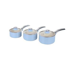 Swan SWPS3020BLN Retro Induction Saucepan Set With Glass Lids, Non Stick Ceramic Coating, Easy to Clean, Blue, 3 Piece, 16/18/20 cm