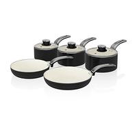 Swan SWPS5020BLN Retro 5 Piece Aluminium Pan Set with Glass Lid, Non-Stick Ceramic Coating, Black