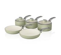 Swan Green Retro Non-Stick 5pce Pan Set, 3 Saucepans 16/18/20cm, 2 Frying Pans 20/28cm with Tempered Glass Lids & Compatible with Induction Hobs