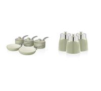 Swan SWPS5020GN Retro 5 Piece Aluminium Pan Set with Glass Lid, Non-Stick Ceramic Coating, Green & SWKA1024GN Retro Set of 3 Canisters, 1 Litre, Green
