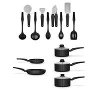 Swan SWPS5022BLK Townhouse 14 Piece Aluminium Cookware and Tool Set with 16/18/20cm saucepans with Glass Lids and 20/26cm Frying Pans, Black