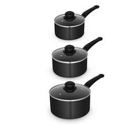 Swan SWPS5023BLK Townhouse 3 Piece Saucepan Set with 16/18/20cm saucepans with Glass Lids, Bakelite Handles, Suitable for All Hob Types (excluding induction), Oven Safe, Black