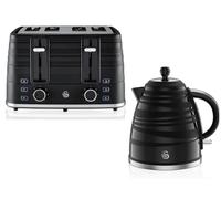 Swan Symphony Black 1.7L 3KW Kettle and 4 Slice Toaster. Contemporary Matching Kitchen Set Featuring an Elegant Sweeping Ribbon Motif with a high Gloss and Matte Finish with Chrome Detailing