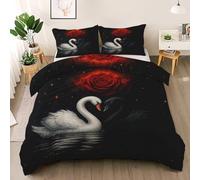 Swan Theme Duvet Cover Set Twin Size, Starry Night Bedding Set, Red Rose Comforter Cover with 2 Pillow Shams, Comfy Breathable Lightweight Water Reflection Comforter Cover