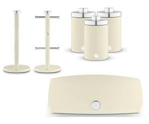 Swan TheTownhouse Range Cream Bread Bin, Tea, Coffee, Sugar Canisters, Mug Tree & Towel Pole. Contemporary Matching Kitchen Storage Set of 6