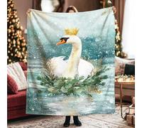 Swan Throw Blanket, Christmas Fanciful Royal Holly Christmas Turquoise Plush Blanket Lightweight Compact Aesthetic for Couch Sofa Bed Car Chair Office Desk 40x50 Inch