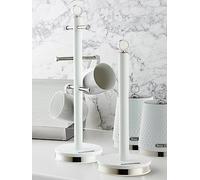 Swan Elegance Kitchen Towel Pole and 6 Cup Mug Tree Set with Textured Gloss Finish, Stainless Steel Accents and Non-Slip Bases, White