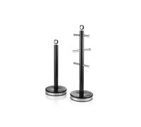 Swan Elegance Kitchen Towel Pole and 6 Cup Mug Tree Set with Textured Gloss Finish, Stainless Steel Accents and Non-Slip Bases, Black