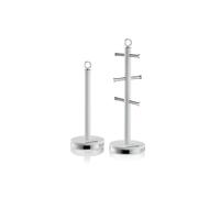 Swan Elegance Kitchen Towel Pole and 6 Cup Mug Tree Set with Textured Gloss Finish, Stainless Steel Accents and Non-Slip Bases, White