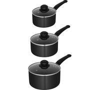 Swan Townhouse 3 Piece Saucepan Set with 16/18/20cm Saucepans with Glass Lids, Bakelite Handles, Suitable for All Hob Types (excluding Induction), Oven Safe, Black