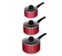 Swan Townhouse 3 Piece Saucepan Set with 16/18/20cm Saucepans, Non-Stick Ceramic Coating, Bakelite Handles, Oven Safe, Red