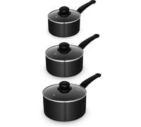 Swan Townhouse 3 Piece Saucepan Set with 16/18/20cm Saucepans with Glass Lids, Bakelite Handles, Black