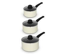 Swan Townhouse 3 Piece Saucepan Set with 16/18/20cm Saucepans with Glass Lids, Bakelite Handles, Suitable for All Hob Types (excluding Induction), Oven Safe, Cream