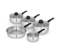 Swan Townhouse 5 Piece Stainless Steel Cookware Set, SWPS5024SS | 16/18/20cm saucepans with Glass Lids, 14cm Milk Pan, 24cm Frying Pan, Suitable for All Hob Types, SWPS5024SS
