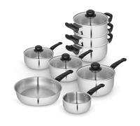 Swan Townhouse 8 Piece Stainless Steel Cookware Set with 16/18/20cm Saucepans with Glass Lids, 14cm Milk Pan, 24cm Frying Pan, 18cm 3 Tier Steamer, Stainless Steel