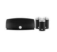 Swan Townhouse Bread Bin, 16L Capacity, Simple Pull Lid and Set of 3 Storage Canisters for Coffee/Sugar/Tea & Other Loose Ingredients, Airtight Lids, 1.3L, Black