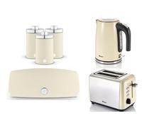 Swan Townhouse Cream 1.7L Jug Kettle, 2 Slice Toaster, Bread Bin and Tea, Coffee, Sugar Canisters. Contemporary Matching Kitchen Set of 6 in Cream