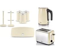 Swan Townhouse Cream 1.7L Jug Kettle, 2 Slice Toaster, Bread Bin, Canisters, Mug Tree & Towel Pole. Contemporary Matching Kitchen Set of 8 in Cream