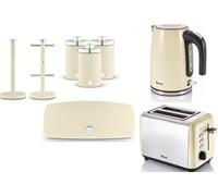 Swan Townhouse Cream Kitchen Set of 8 - 1.7L 3KW Jug Kettle, 2 Slice Toaster, Bread Bin, Tea Coffee Sugar Canisters, Mug Tree & Towel Pole - Matching Contemporary Cream Kitchen Collection