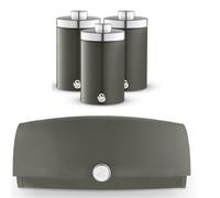 Swan Townhouse Grey Bread Bin and Tea, Coffee & Sugar Canisters Set - Retro Kitchen Storage Set - Bread BIn and Matching Canisters in Graphite Grey