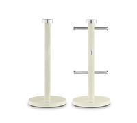 Swan Townhouse Kitchen Towel Pole and 6 Mug Tree Set with Colour Coated Iron, Chrome Accents and Weighted Bases, Cream