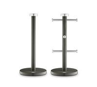 Swan Townhouse Kitchen Towel Pole and 6 Mug Tree Set with Colour Coated Iron, Chrome Accents and Weighted Bases, Graphite Grey