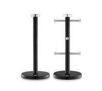 Swan Townhouse Kitchen Towel Pole and 6 Mug Tree Set with Colour Coated Iron, Chrome Accents and Weighted Bases, Black