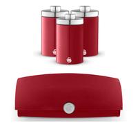 Swan Townhouse Red 14L Roll-Top Bread Bin With 3 X 1.6L Tea, Coffee, Sugar Canisters Kitchen Storage Set