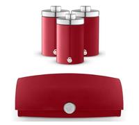 Swan Townhouse Red Bread Bin and Tea, Coffee & Sugar Canisters Set - Retro Kitchen Storage Set - Bread BIn and Matching Canisters