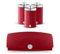 Swan Townhouse Red Bread Bin & Tea Coffee Sugar Canisters Kitchen Storage Set