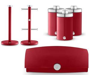 Swan Townhouse Red Bread Bin, Tea, Coffee, Sugar Canisters, Mug Tree & Towel Pole. Contemporary Matching Kitchen Storage Set of 6