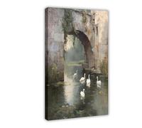 Swan Under The Stone Bridge Canvas Poster Bedroom Decor Landscape Office Room Decor Gift 20x30inch(50x75cm)