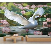 Swan Wallpaper Swan Lake Lotus Flower Wallpaper for Bedroom Pretty Waterfowl Flower Wall Murals for Living Room Country Rustic Wall Paper Mural Bedroom Paintings 390X260cm