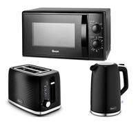 Swan Wave Black 1.7L Kettle, 2 Slice Toaster & 20L 700W Microwave SM4420BLK - Contemporary Design Kitchen Set with a Premium Sleek Black Finish