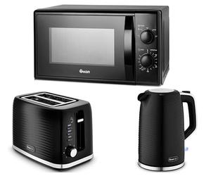 Swan Wave Black 1.7L Kettle, 2 Slice Toaster & 20L 700W Microwave SM4420BLK - Contemporary Design Kitchen Set with a Premium Sleek Black Finish