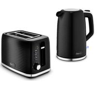 Swan Wave Black Kettle & 2 Slice Toaster - Textured Ripple Design Chrome Accents