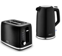 Swan Wave Kettle & Toaster Set Black - 1.7L Rapid Boil Kettle (3000W) & 2-Slice Toaster, Textured Ripple Design