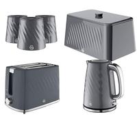Swan Windsor 6 Piece Kitchen Set in Grey - 1.7L 3KW Kettle, 2 Slice Toaster, Breadbin & 3 Canisters. Contemporary Matching Bundle Set in Grey with Textured Gloss Finish & Chrome Accents