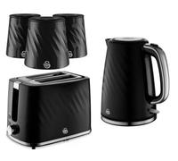Swan Windsor Black 1.7L Kettle, 2-Slice Toaster & 3 X 1.3L Canisters Matching Kitchen Bundle Set
