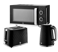 Swan Windsor Black 3 Piece Kitchen Appliance Set - 1.7L Kettle, 2 Slice Toaster & 20L Microwave (SM4424BLK) - Textured Gloss Finish with Chrome Accents, Contemporary Matching Kitchen Appliances