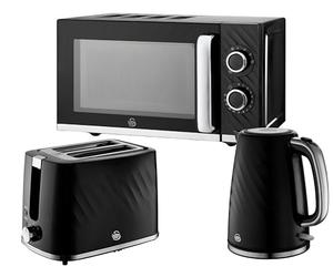 Swan Windsor Black 3 Piece Kitchen Appliance Set - 1.7L Kettle, 2 Slice Toaster & 20L Microwave (SM4424BLK) - Textured Gloss Finish with Chrome Accents, Contemporary Matching Kitchen Appliances