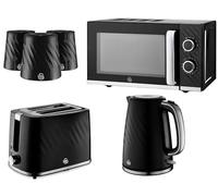 Swan Windsor Black 6 Piece Kitchen Appliance & Storage Set - 1.7L 3KW Kettle, 2 Slice Toaster, 20L 800W Microwave & Canisters Bundle Set - Textured Gloss Finish with Chrome Accents