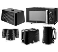Swan Windsor Black 7 Piece Kitchen Appliance & Storage Set - 1.7L 3KW Kettle, 2 Slice Toaster, 20L 800W Microwave, Bread Bin & Canisters Bundle Set - Textured Gloss Finish with Chrome Accents