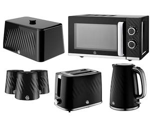 Swan Windsor Black 7 Piece Kitchen Appliance & Storage Set - 1.7L 3KW Kettle, 2 Slice Toaster, 20L 800W Microwave, Bread Bin & Canisters Bundle Set - Textured Gloss Finish with Chrome Accents