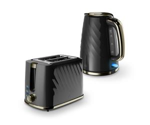 Swan Windsor Breakfast Essentials Bundle with 1.7L Rapid Boil Kettle and 2 Slice Toaster, Black and Gun Metal Brass, EEJB432