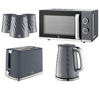 Swan Windsor Grey 6 Piece Kitchen Appliance & Storage Set - 1.7L 3KW Kettle, 2 Slice Toaster, 20L 800W Microwave & Canisters Bundle Set - Textured Gloss Finish with Chrome Accents