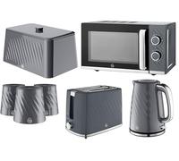 Swan Windsor Grey 7 Piece Kitchen Appliance & Storage Set - 1.7L 3KW Kettle, 2 Slice Toaster, 20L 800W Microwave, Bread Bin & Canisters Bindle Set - Textured Gloss Finish with Chrome Accents