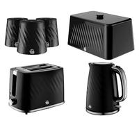 Swan Windsor Kitchen Set in Black - 1.7L 3KW Kettle, 2 Slice Toaster, Breadbin & 3 Canisters. Contemporary Matching Set in Black with Textured Finish with Chrome Accents