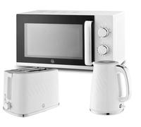 Swan Windsor White 1.7L 3000W Kettle, 900W 2-Slice Toaster & 800W 20L Microwave Set With Textured Finish And Chrome Accents